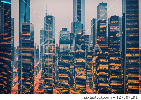 Modern city streets at night, skyscrapers and street lights, traffic and people. Generative AI. 127597191