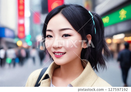 A beautiful asian woman portrait, city street as background. Generative AI. 127597192