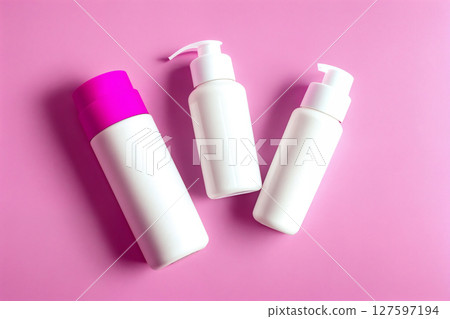 A perfume or a bottle for cosmetics on a pink background. Generative AI. A perfume or a bottle for cosmetics on a pink background. Generative AI. 127597194