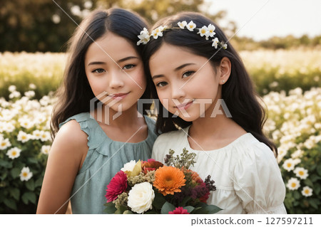 Portrait of two happy children girl with flowers in a garden. Generative AI. 127597211