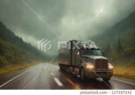 A truck is driving on the road. Dark dramatic landscape with forest as background, gloomy sky, rainy clouds. Generative AI. A truck is driving on the road. Dark dramatic landscape with forest as background, gloomy sky, rainy clouds. Generative AI. 127597242