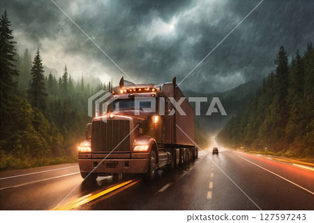 A truck is driving on the road. Dark dramatic landscape with forest as background, gloomy sky, rainy clouds. Generative AI. 127597243