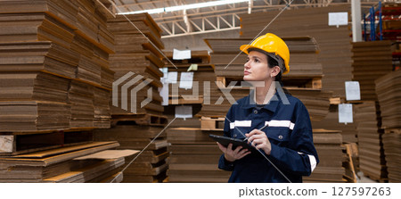woman paper warehouse worker using tablet checking inspecting quality cardboard carton in storage. Large industry in paper product line manufacturing. Employee level wear uniform and helmet yellow. 127597263