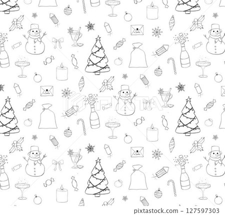 Christmas icons elements Seamless pattern. Vector graphic line ink illustration. Silhouette sign for logo, print, comics, fashion, pop art, boards, design, stickers, decoration, posters 127597303