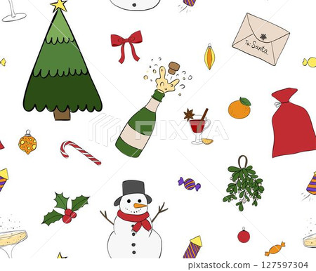 Seamless pattern with Christmas tree, snowflake, golden star. Christmas, new year design Vector graphic line ink illustration. Cute hand drawn flat design For logo, web, package, sticker. Seamless pattern with Christmas tree, snowflake, golden star. Christmas, new year design Vector graphic line ink illustration. Cute hand drawn flat design For logo, web, package, sticker. 127597304