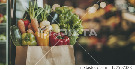 Paper grocery bag filled with fresh vegetables in supermarket with blurred background, copy space Paper grocery bag filled with fresh vegetables in supermarket with blurred background, copy space 127597328