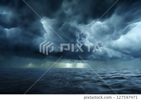 dark dramatic stormy sky with lightning and cumulus clouds over stormy sea with waves for abstract background 127597471