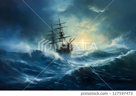 the sailboat sails through a stormy sea, a dark dramatic sky with gloomy clouds 127597473
