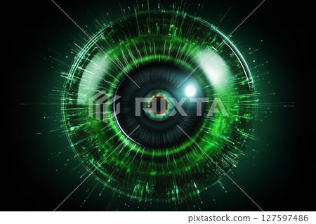 artificial eye closeup, augmented cyber reality and digital vision of the future and information processing 127597486
