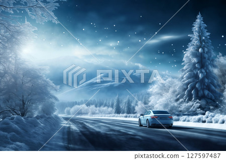 a car on the background of a winter snow covered road, beautiful landscape, winter forest and mountains, concept of travel and traffic safety on a slippery road 127597487