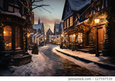 beautiful view of village street in winter, exteriors of houses decorated for Christmas or New Year holiday, snow, street lights, festive environment 127597530
