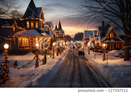 village street in winter season decorated for Christmas or New Year holiday, beautiful view of exteriors of houses , snow, sunset, street lights, festive environment 127597532