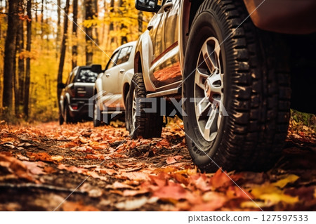autumn off road with yellow leaves and a cars, suv wheels, beautiful autumn nature autumn off road with yellow leaves and a cars, suv wheels, beautiful autumn nature 127597533