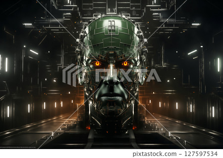 a large cyber robot head in the workshop with glowing red eyes, a robot manufacturing plant, an industrial environment 127597534