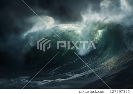 sea storm, dark dramatic stormy sky with cumulus clouds over waves for abstract background 127597535