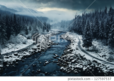 beautiful winter landscape drone view, river and forest with snow, wild nature 127597537
