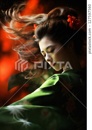 geisha woman with flower in her hair and dressed in green kimono with red flowers, dancing with red cloth on a dark background geisha woman with flower in her hair and dressed in green kimono with red flowers, dancing with red cloth on a dark background 127597560