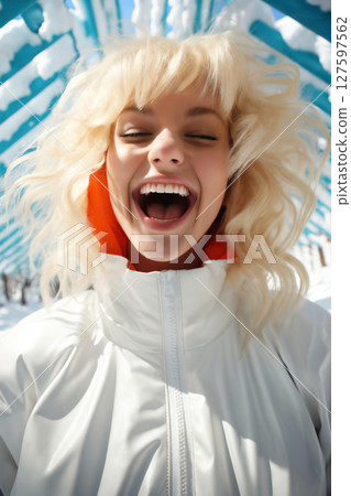 portrait of a woman in winter outdoors, beautiful nature, bright sunny day in the forest and snow 127597562