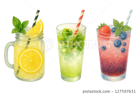 三種水果飲料(檸檬、奇異果、莓果)的彩色水彩插圖 三種水果飲料(檸檬、奇異果、莓果)的彩色水彩插圖 127597631