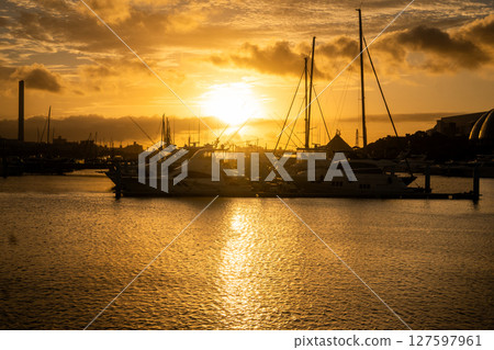 Harbor boats at dawn Harbor boats at dawn 127597961