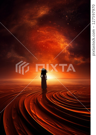 silhouette of a woman against the background of a nebula in space, standing with her back, light effects, nebula, stars and galaxy 127597970