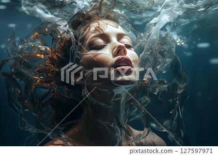 portrait of a woman underwater, she's breathing 127597971