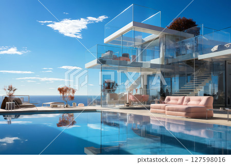 lounge area with pool and sofa, glass pavilion and a view of the summer landscape with clear blue sky 127598016