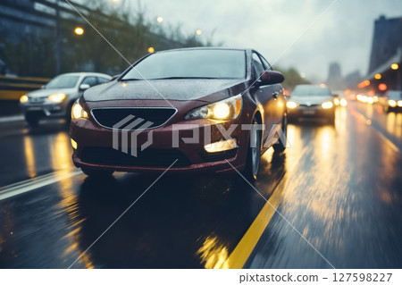 busy traffic on a wet highway road on a rainy evening 127598227