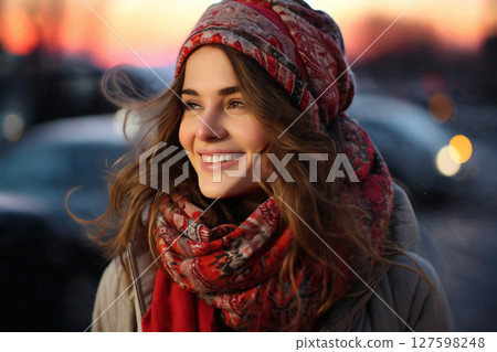 portrait of a beautiful woman in winter season, bright sunny day and snow 127598248