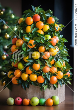 Christmas tree from oranges and apples as decoration for New Year holiday 127598264
