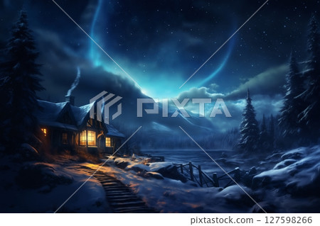 village street in winter season decorated for Christmas or New Year holiday, beautiful view of exteriors of houses , snow, sunset, street lights, festive environment 127598266