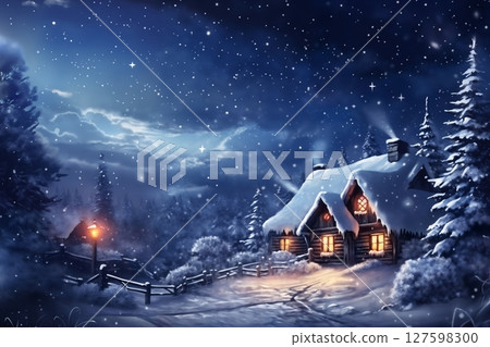 village street in winter season decorated for Christmas or New Year holiday, beautiful view of exteriors of houses , snow, sunset, street lights, festive environment 127598300