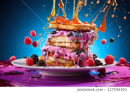 cake with fruits and cream on a blue background, delicious and sweet food 127598301