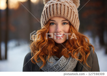 portrait of a beautiful happy woman enjoying winter season 127598309