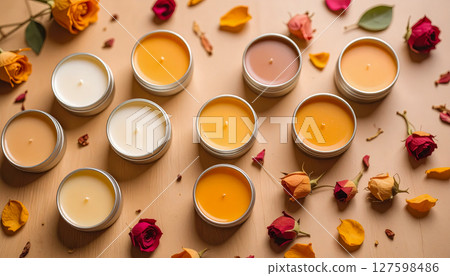 A row of candles in various colors sit on a table with flowers. The candles are arranged in a way that they are all facing the same direction, creating a sense of unity and harmony A row of candles in various colors sit on a table with flowers. The candles are arranged in a way that they are all facing the same direction, creating a sense of unity and harmony 127598486