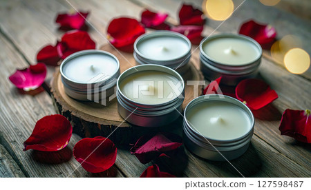 A group of candles are sitting on a wooden table with red rose petals. The candles are all the same size and shape, and they are all white. The candles are arranged in a neat row 127598487
