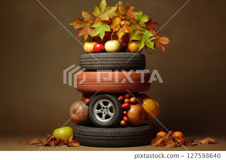 car wheels and tires decorated with autumn yellow leaves and fruits and vegetables on a gray background, studio shoot car wheels and tires decorated with autumn yellow leaves and fruits and vegetables on a gray background, studio shoot 127598640