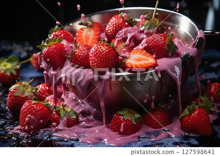 strawberries with creamy splashes, fresh and healthy food strawberries with creamy splashes, fresh and healthy food 127598641