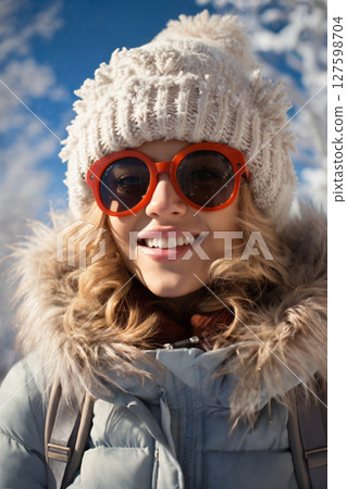 portrait of a beautiful woman in winter, bright sunny day and snow 127598704