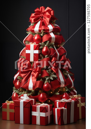 Christmas tree decorated for New Year's holiday on a dark background, with gifts and balls, winter season Christmas tree decorated for New Year's holiday on a dark background, with gifts and balls, winter season 127598705