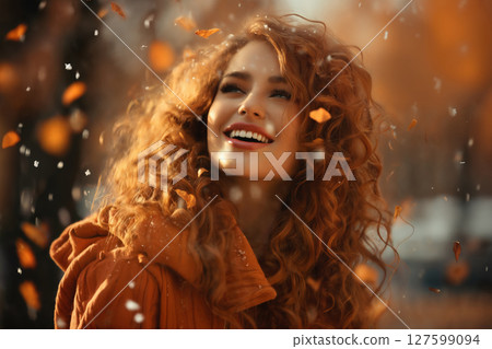 portrait of a beautiful woman in autumn, bright sunny day and snow 127599094