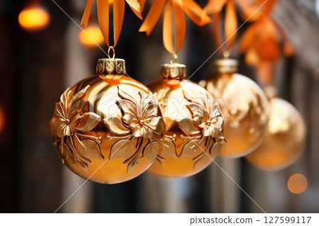 glass balls hanging on a tree branch, Christmas decoration for New Year holidays, winter season 127599117