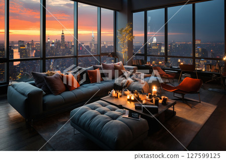 modern interior of a living room in an apartment, furniture, a table and sofa and pillows, a beautiful view outside the window of a modern metropolis with skyscrapers at sunset 127599125
