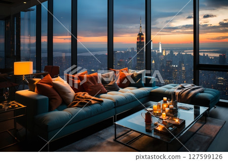 modern interior of a living room in an apartment, furniture, a table and sofa and pillows, a beautiful view outside the window of a modern metropolis with skyscrapers at sunset 127599126