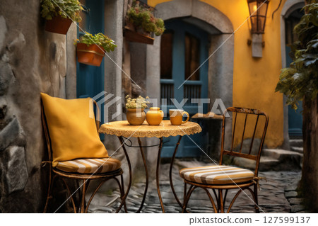 the exterior of an outdoor cafe in the old town, a table and chairs on the street, cozy, decorated with flowers and old things, autumn season the exterior of an outdoor cafe in the old town, a table and chairs on the street, cozy, decorated with flowers and old things, autumn season 127599137