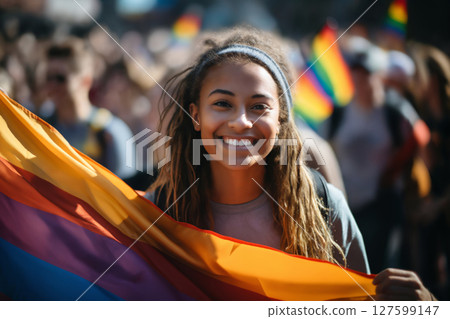 portrait of a girl at a gay pride parade, happy and joyful emotions with friends, LGBT concept 127599147