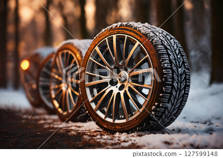 a car wheels on the background of a winter road and a beautiful landscape, a snow-covered forest, a concept of traffic safety on a slippery road 127599148
