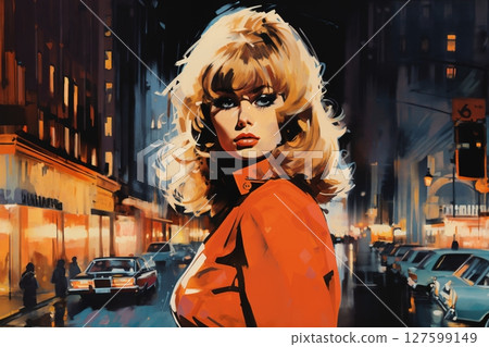 Portrait of a beautiful fashionable woman with a hairstyle, in a city street, at night. Illustration, poster in the style of 1960s 127599149