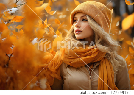 portrait of a beautiful woman in autumn, bright sunny day 127599151
