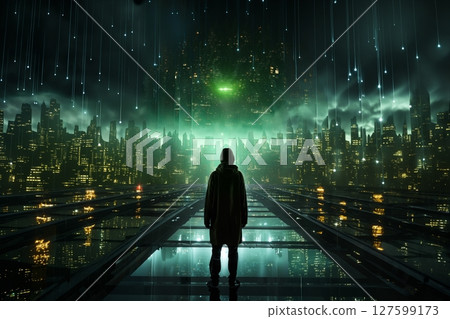 futuristic metropolis panoramic view at night, streetlights, illumination 127599173